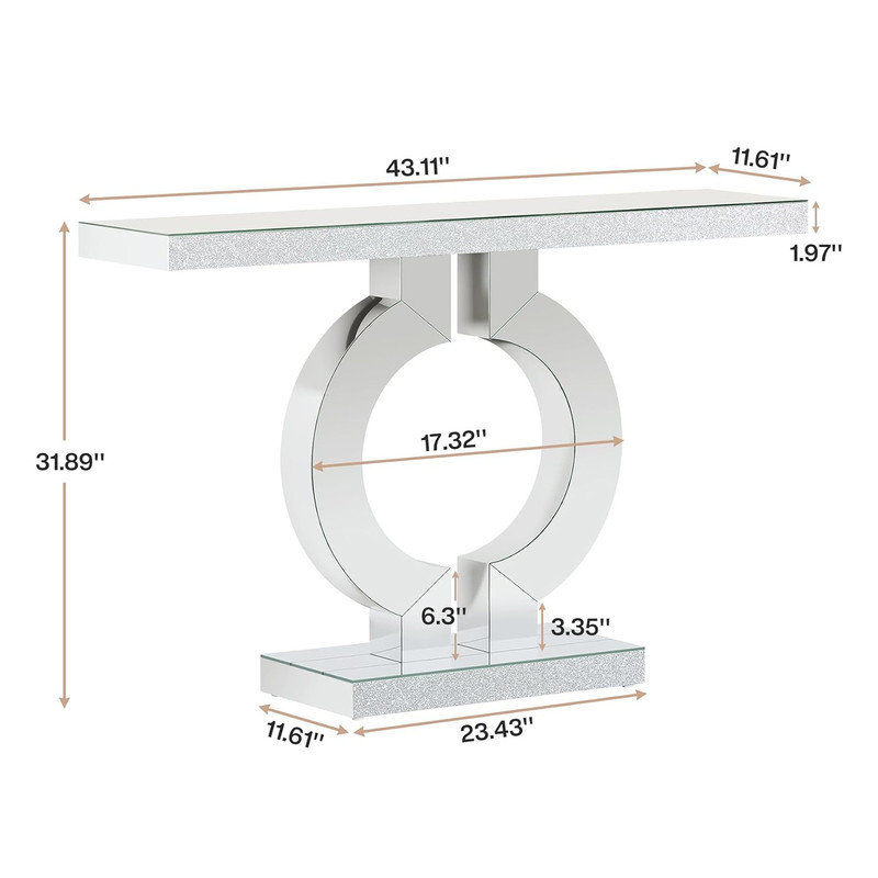 Silver Mirrored Glass Console Table with O-Shaped Base