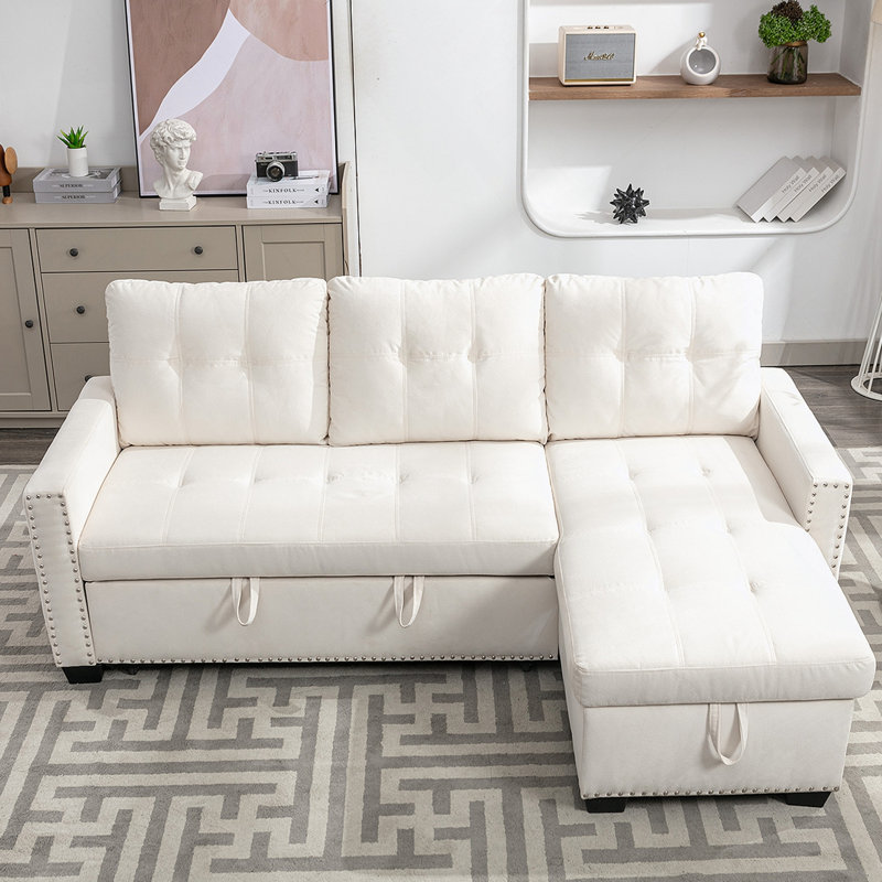 77 Inch Reversible Sectional Storage Sleeper Sofa Bed,L-Shape 2 Seat Sectional Chaise With Storage,Skin-Feeling Velvet Fabric, For Living Room Furniture
