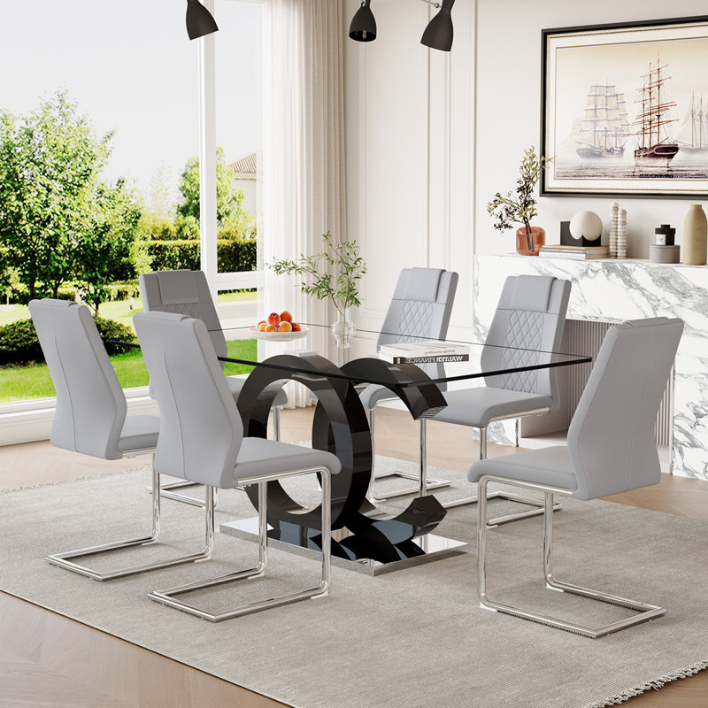 7-Piece Glass Top Dining Table Sets, Gris léger / argent