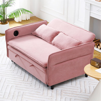 65.74-Inch Pink Letter Striped Fabric Multi-Functional Sofa Bed, Suitable For Bedrooms And Living Rooms.  The Armrests And Backrests Are Adjustable.