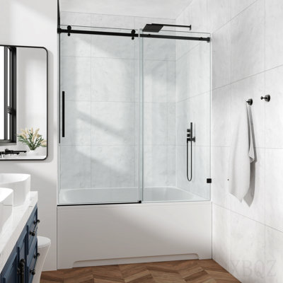 60*72" Fixed & Sliding Shower Door, Square Tube Hardware, Clear Glass Shower Door, 3/8″ (10mm) Sgcc Tempered Glass, Stainless Steel