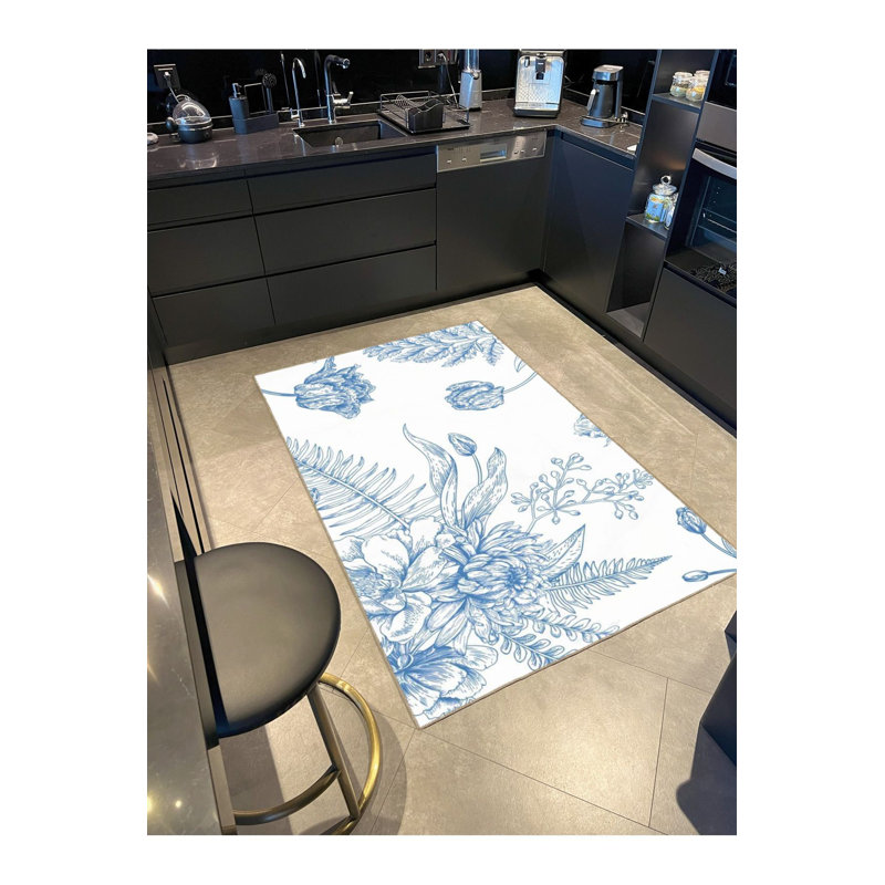 Tapis tissé à motif floral rayé bleu et tapis lavable, Rectangle 3 pi 11 po x 5 pi 11 po