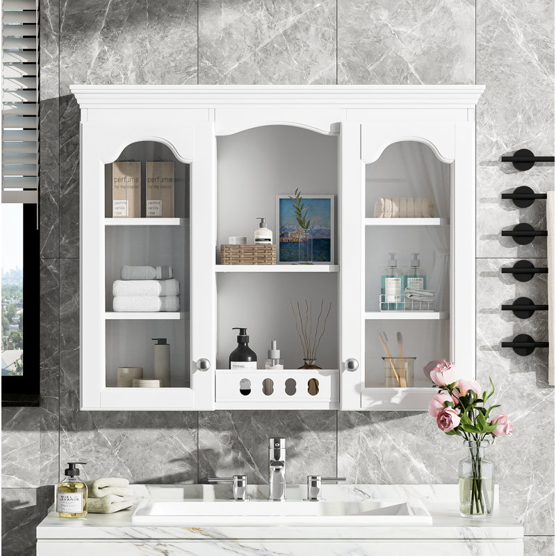 Armoire à pharmacie murale, armoire de salle de bain murale avec 2 portes en verre, armoire de rangement encastrée au-dessus de la toilette avec rangement, blanc