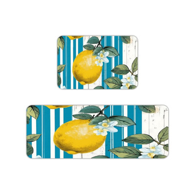 Blue White Striped Lemon Kitchen Mats,Set of 2,For Kitchen & Dining Room