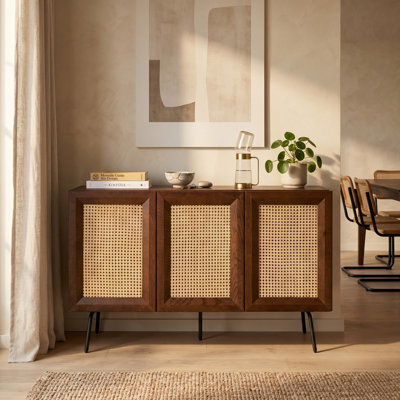 NTC MOSSIC Sideboard 3 Doors Natural Rattan Storage Cabinet, Buffet with Metal Legs, Boho Accent Cabinet for Living Room, Dining Room, and Entryway, Effortless Assembly