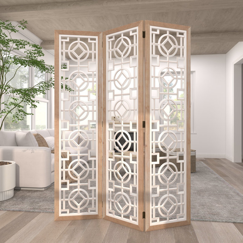 Epperson Wood Hinged Foldable Partition 3 Panel Geometric Divider Screen with Intricately Carved Designs