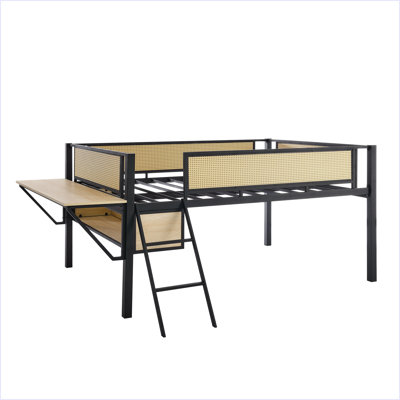 Lit mezzanine simple en métal avec bureau rectangulaire, lumières DEL, lit double mezzanine à DEL avec tablettes de rangement et compartiments de rangement suspendus, barrière de sécurité et échelle