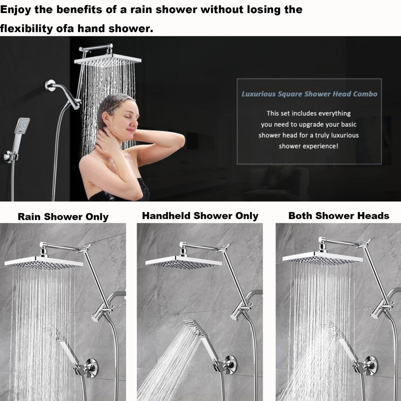 High-Pressure Dual Shower Head System With Extendable Arms - 8" Adjustable Square Rainfall & Handheld Shower Combo, Chrome