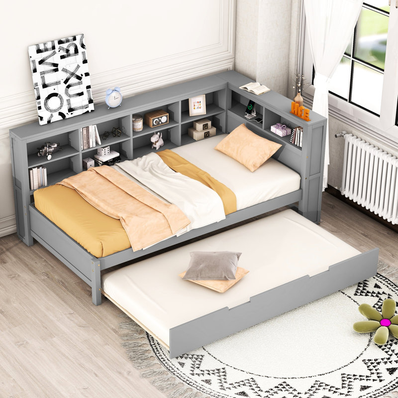 Lit de jour gris simple avec couchette, fente de chargement et rangement