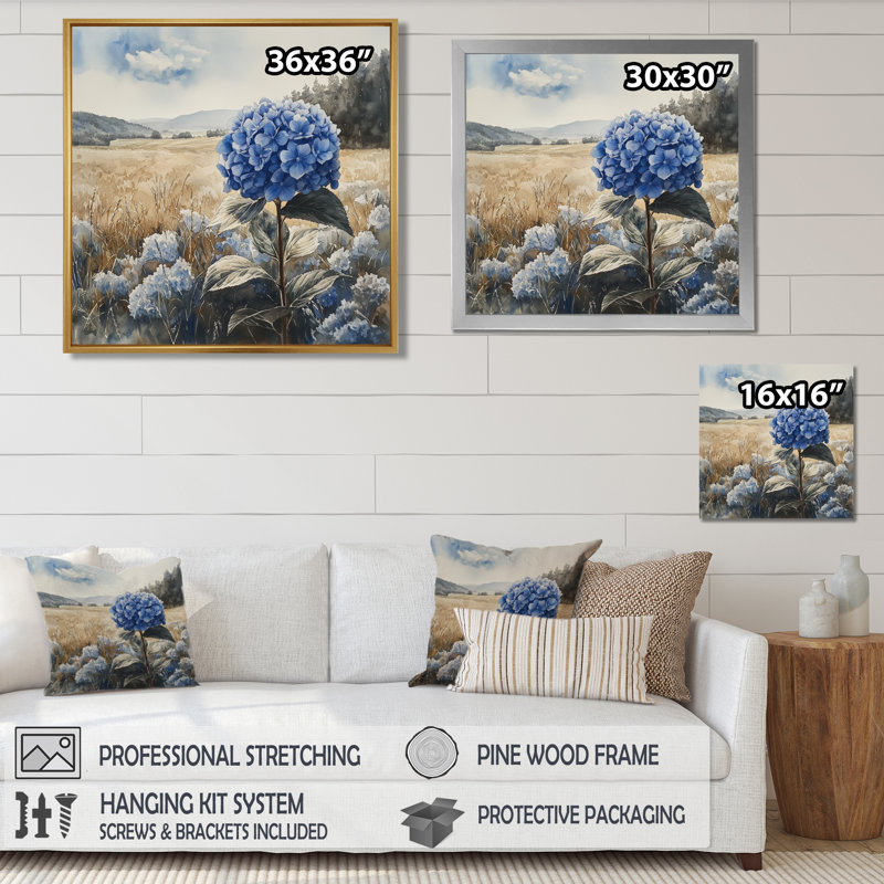 Champ d'hortensias en hiver I - hydrangées, art mural, H 16 po x l 16 po, Impression encadrée flottante