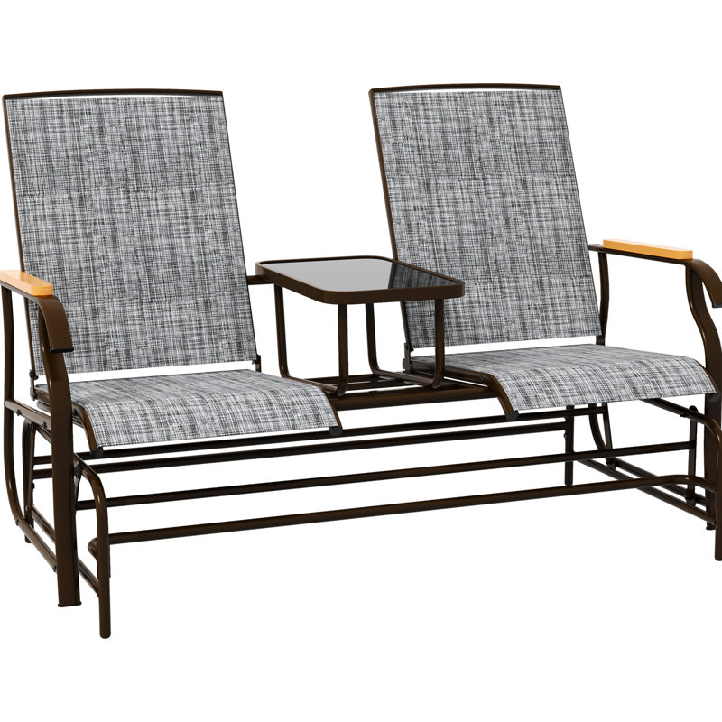 2 Person Outdoor Glider With - Mesh - Gray Heavy-duty Steel Chair Seats And Built-in Table