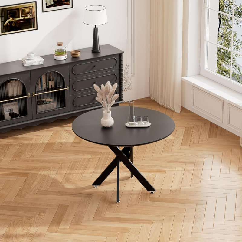 36In Round Metal Base Dining Table, Black, Black