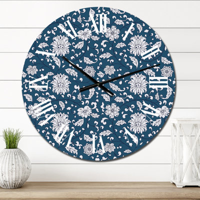 White Flowers on Dark Blue - Patterned Wall Clock