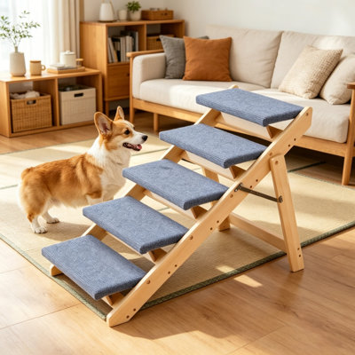 Foldable Dog Stairs For Bed Couch Car, Heavy Duty Wooden Frame Pet Steps, Low 12Cm Gentle Incline Non-Slip Polyester Cover For Senior Small Medium Dogs