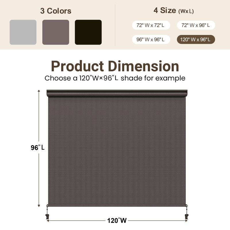 Store à enroulement extérieur sans cordon l 8 pi x L 8 pi, stores d'extérieur sans assemblage avec tissu amélioré 420GSM, store à enroulement occultant 95% UV, abat-jour pour l'extérieur et l'intérieur (pas besoin de manivelle)