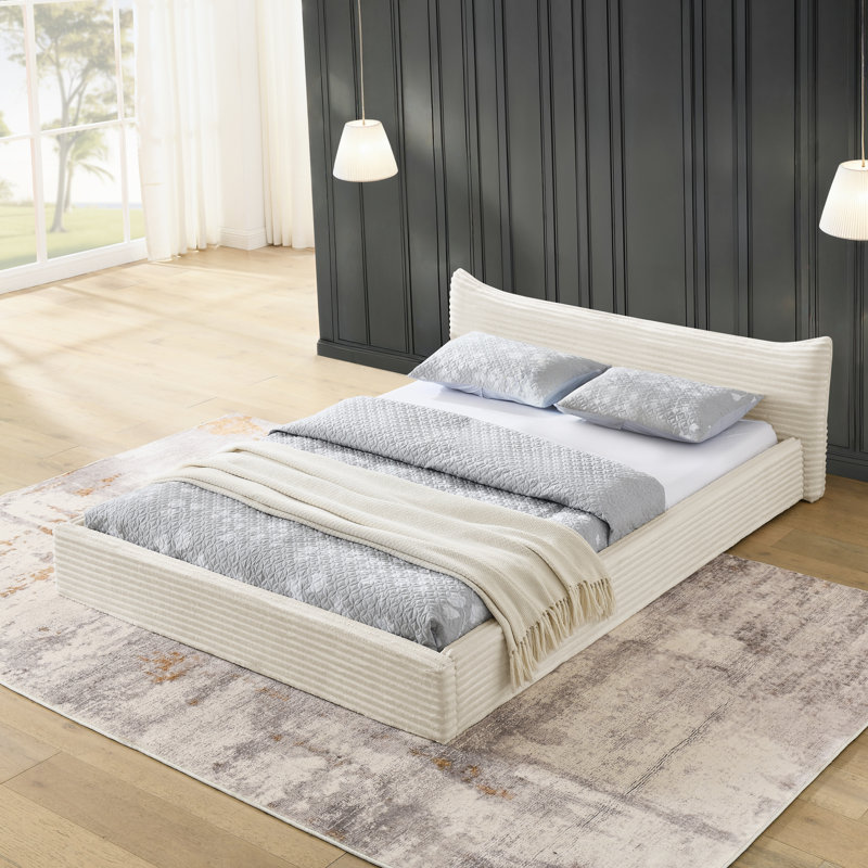 Queen Size Upholstered Bed Frame With Curved Headboard, No Box Spring Required, Beige