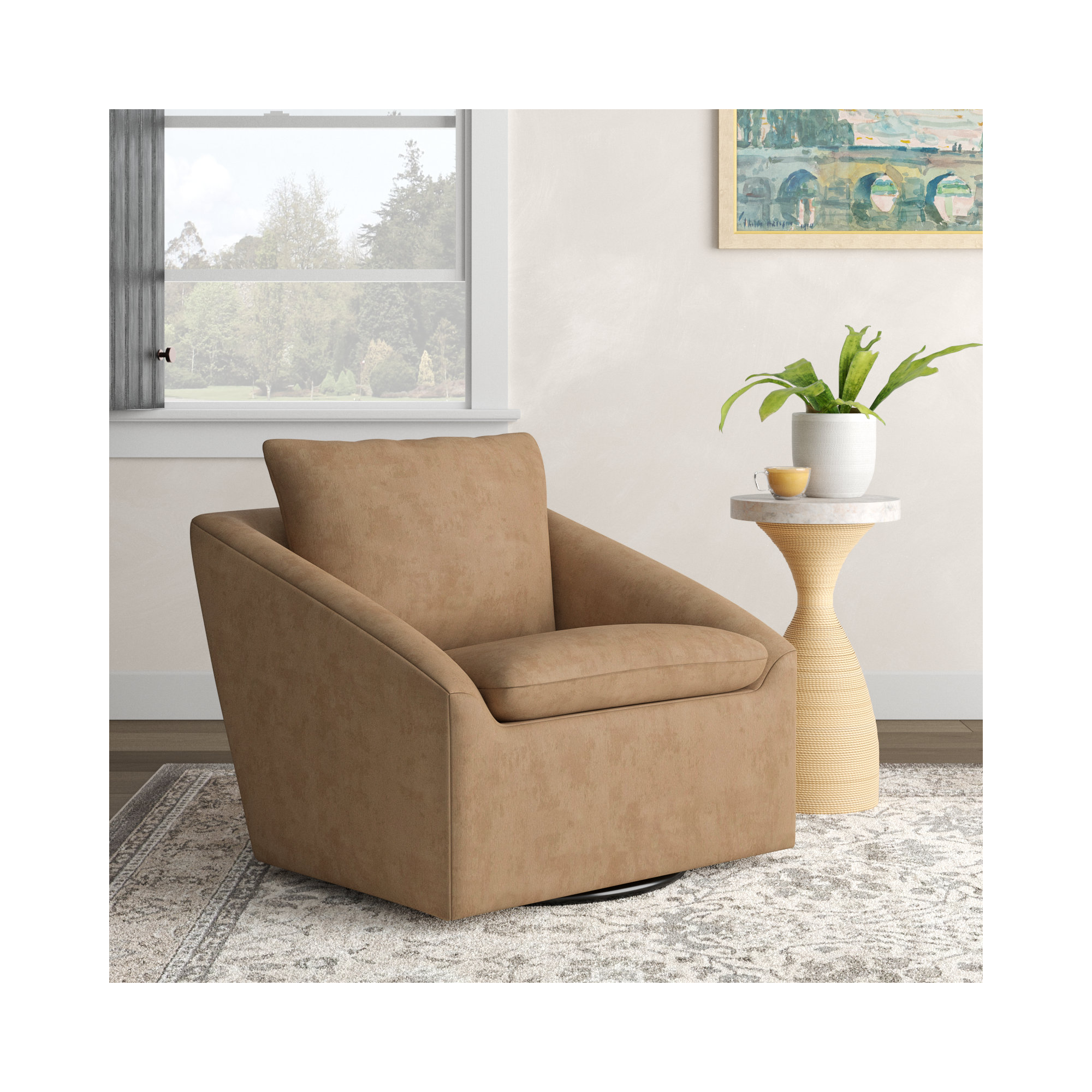 Tommen Upholstered Swivel Accent Chair, Bella Buckwheat Performance Velvet