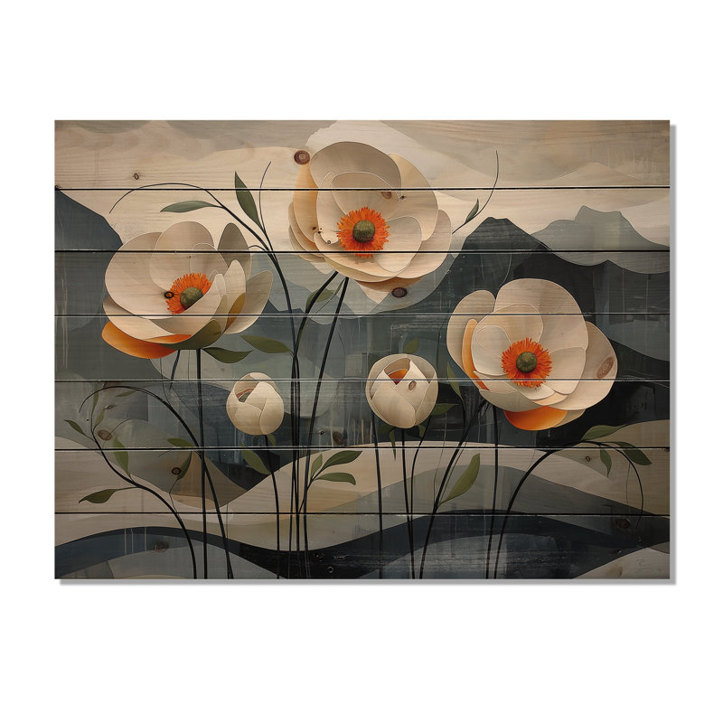 Geometric Bloom Of Ranunculus Flowers III - Ranunculus Wood Wall Decor - On Natural Pine Wood, 10" H x 20" W x 0.78" D