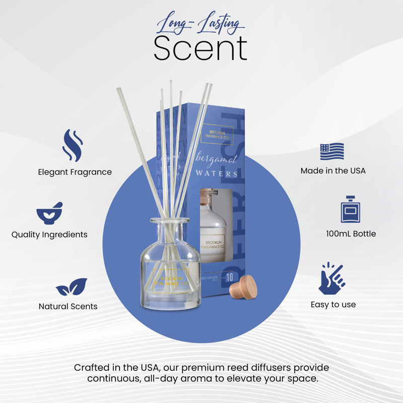 Brooklyn Fragrance Co. Aroma Reed Diffuseur - Parfum durable de qualité supérieure - Diffuseur d'eau à bergamote - pour une grande pièce - 100 ml