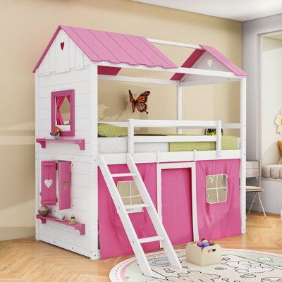 Woooden Castle-Themed Bunk Bed With Storage Windowsills And Ladder