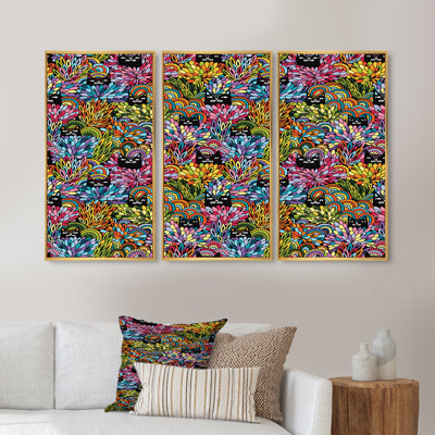 «Black Cats Look Out Of The Bushes», ensemble de 3 reproductions d'art encadrées sur toile