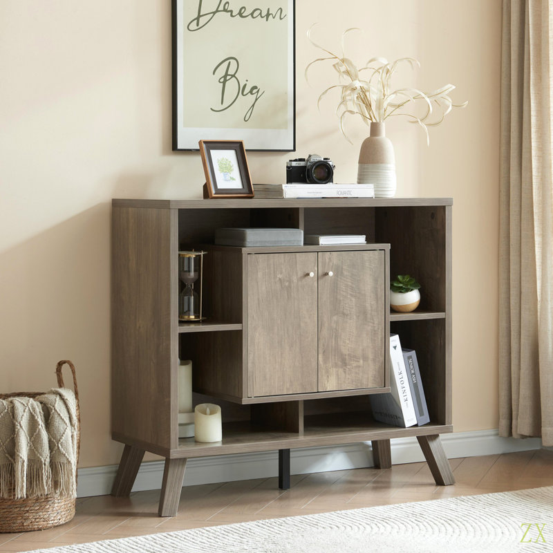 Compact Display Storage Sideboard Bookcase Cabinet Two Door Four Open Shelves Metal Knobs Wooden Flared Legs