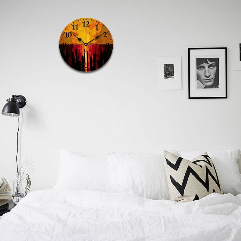 Décoration murale horloge ronde orange rouge coucher de soleil abstrait 12 x 12 pouces pour salle de divertissement et patio