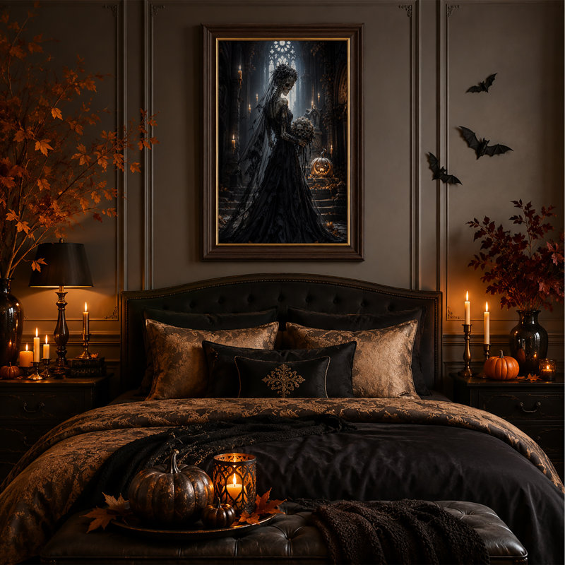 Art mural sur toile, dentelle noire, mariée squelette dans la cathédrale gothique, H 24 po x l 16 po