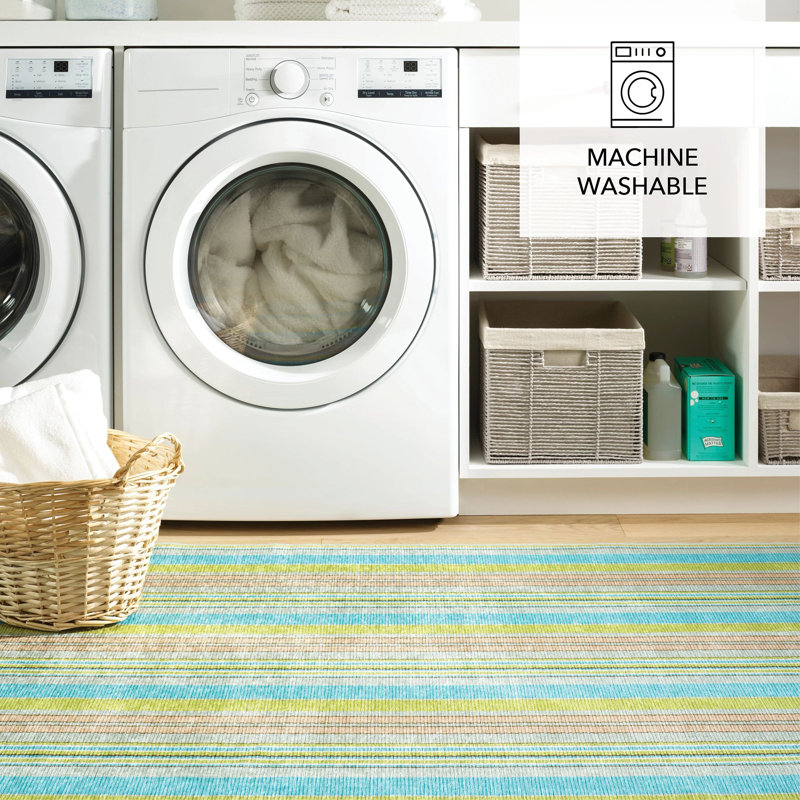 Aquinnah Ticking Multi Machine Washable Rug, Rectangle 6' x 9'