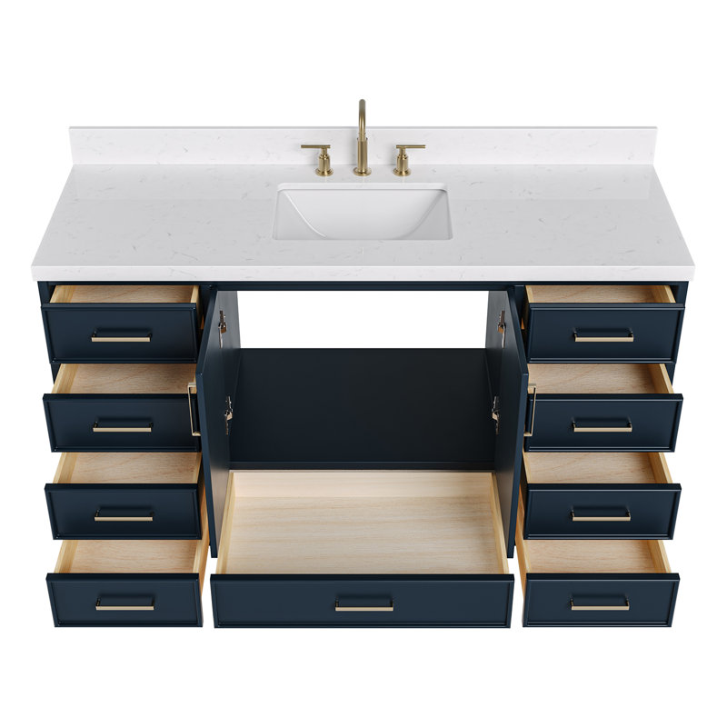 Ensemble de meuble-lavabo simple 60,25 po avec plateau en quartz Abshire, Bleu minuit