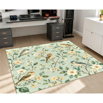 Tapis à motif botanique à motif d'oiseaux et de fleurs, style rétro esthétique vert clair, tapis antidérapant doux, confortable et lavable à la machine, décoration intérieure artistique pour le salon, la chambre à coucher, l'entrée, la cuisine, le balcon, appartement