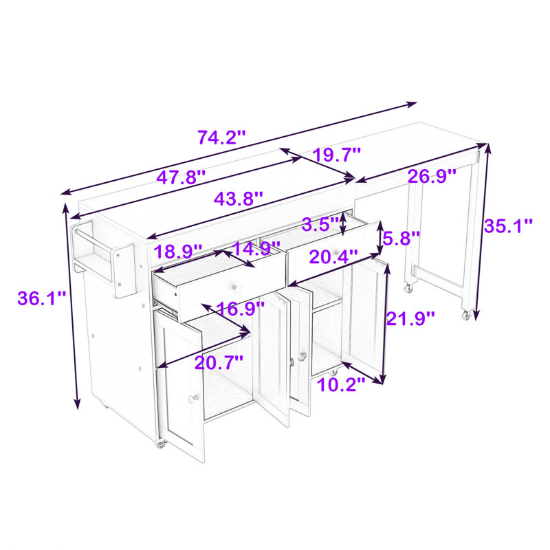 Chariot pour îlot de cuisine extensible avec table de salle à manger, armoire de rangement, support à épices et roues verrouillables