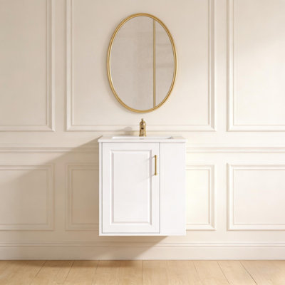 Armoire de salle de bain murale avec tablettes latérales et porte à fermeture douce, meuble-lavabo moderne avec lavabo en céramique, blanc