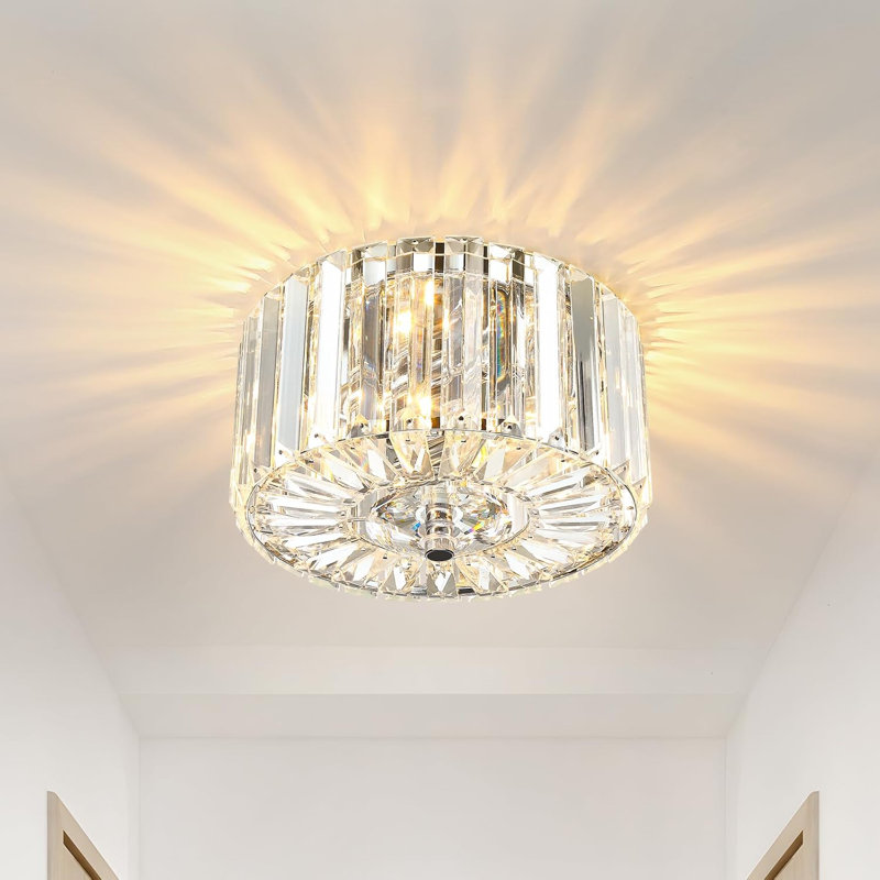 Plafonnier en cristal, lustre moderne semi-encastré avec cristaux K9, éclairage de couloir rond à 2 lumières pour la salle de lavage de la cuisine, finition chromée
