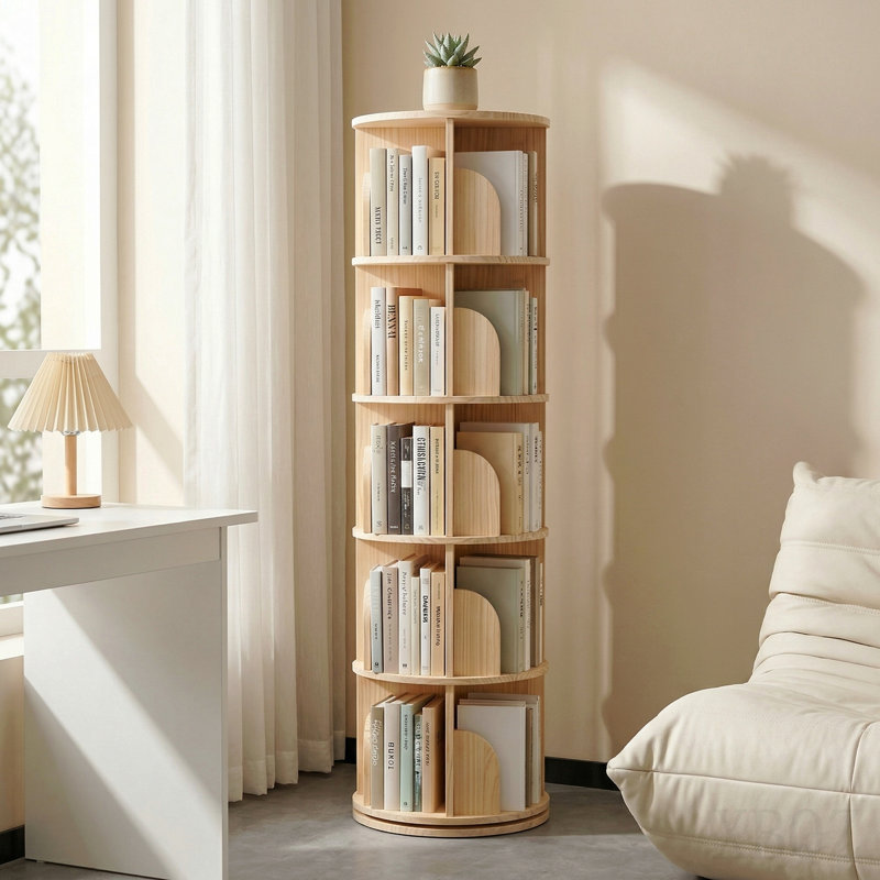 Bibliothèque rotative à 5 niveaux, grande bibliothèque ronde sur pied avec une rotation de 360 °, étagère de rangement en bois pour la chambre à coucher, le salon, le bureau personnel, naturel.