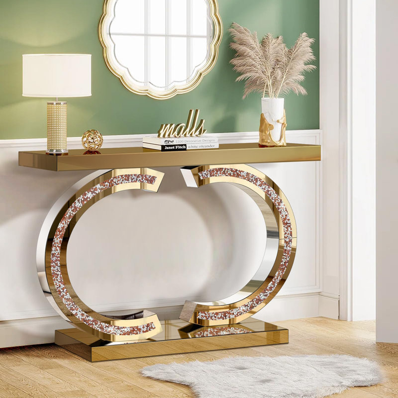 Tea Color Mirrored Console Table With Crushed Diamond Inlay, 39.4'' Long Entryway Sofa Table, Double C-Shaped Base Modern Accent Narrow Table For Living Room, Hallway, Foyer, Entrance