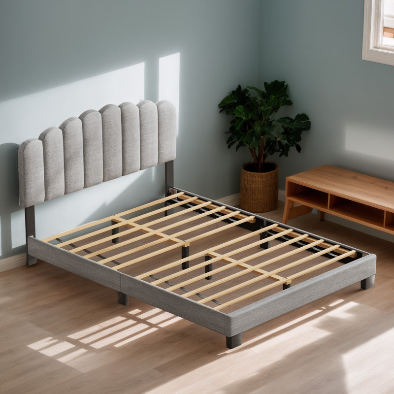 Dhugan Low Profile Linen Platform Bed Frame with Adjustable Headboard, Full / Double