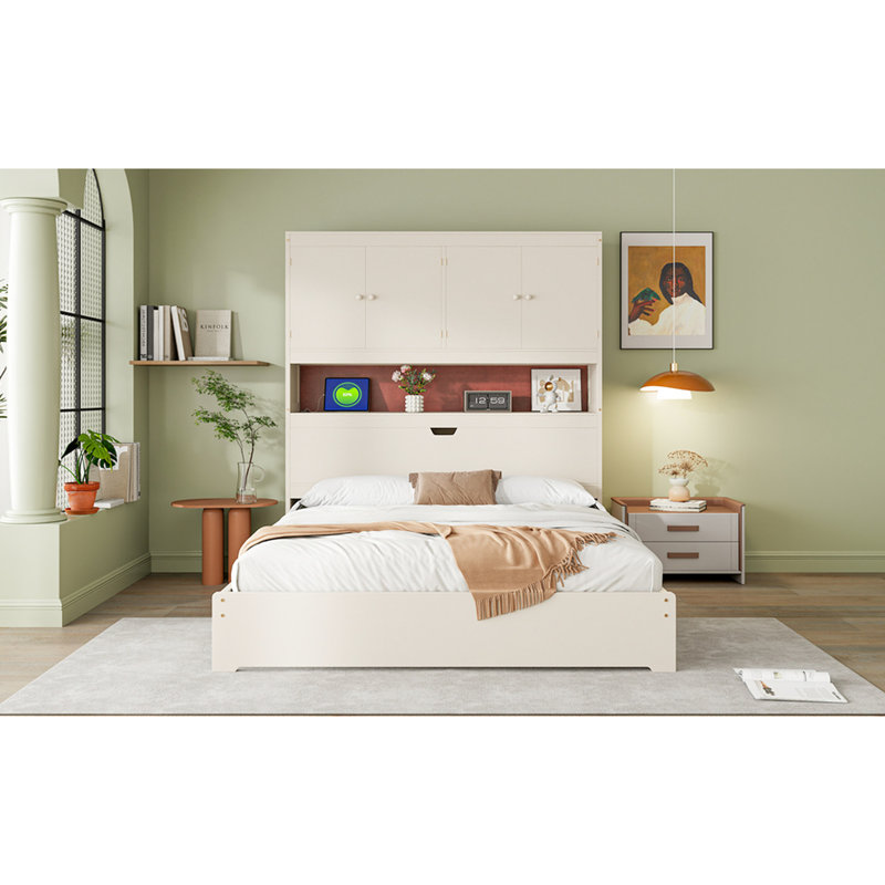 Lit double crème avec espace sous le tiroir et plateforme de raccordement pour tête de lit, options de rangement