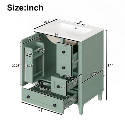 Meuble-lavabo de 24 pouces vert clair avec lavabo en céramique intégré, tablette à double couche, tiroirs à fermeture en douceur et porte d'armoire à fermeture en douceur