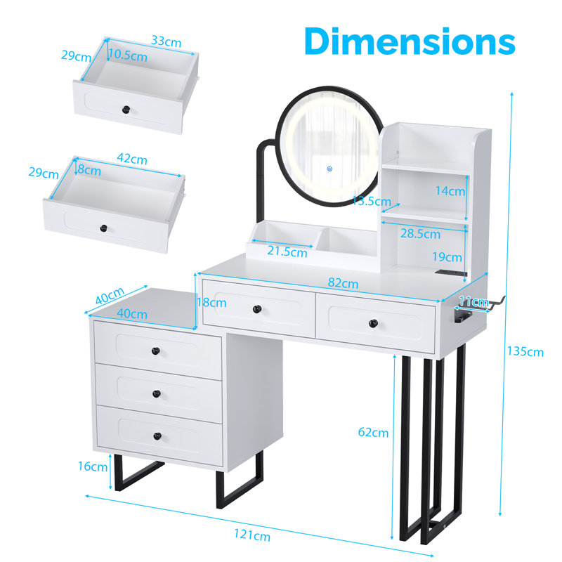 Lighted Vanity Table - LED 3-Color Dimmable Touch Mirror, 5 Drawers, Power Strip, White/Black