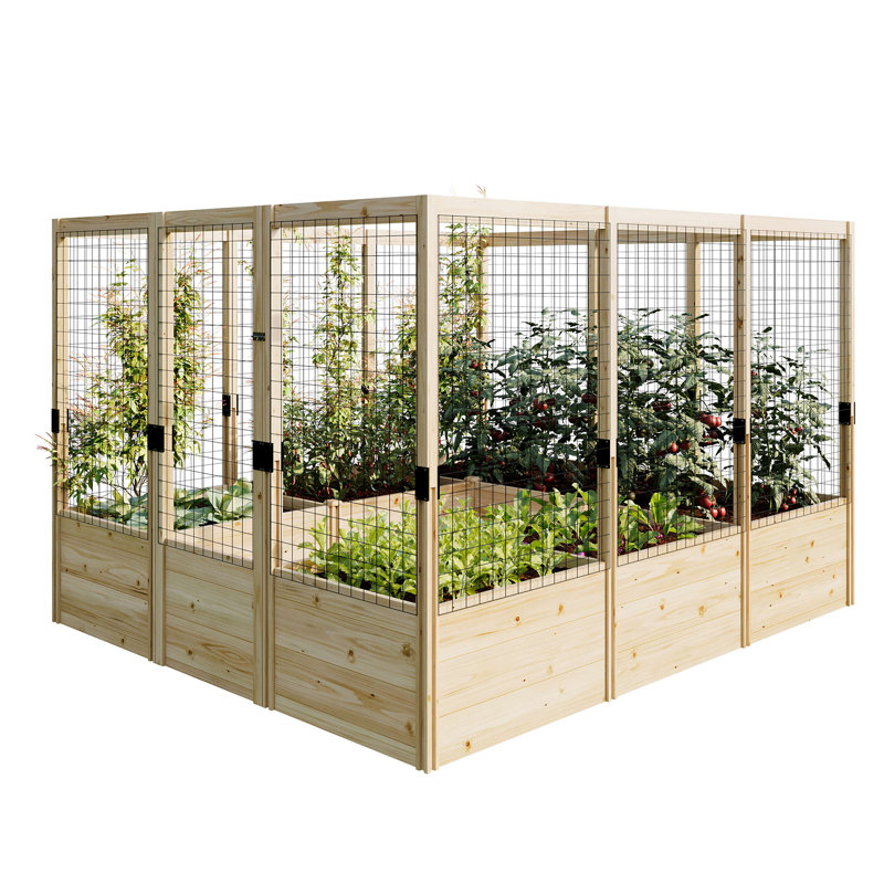 Yadid Deep Wooden Raised Garden Bed with Netting, 70.9" H  x 107.1" W x 90" D