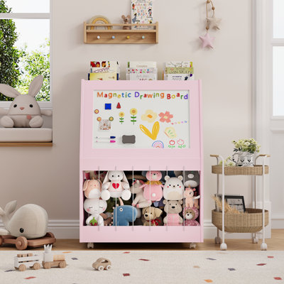 Toy Storage Organizer with Easel, 3-Tier Kids Rack, Magnetic Whiteboard with Swivel Wheel, Pink