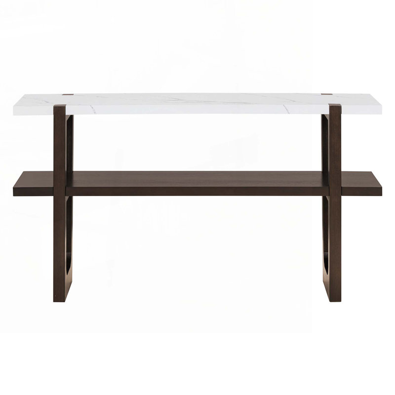 Wood Console Table with  Open Shelf,  Marble-Effect Top, Espresso