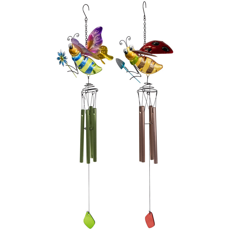 Pink And Green Bees Outdoor Garden Windchimes - 30" - Set Of 2