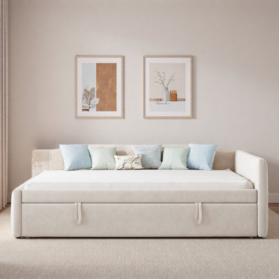 Upholstered L-shaped Daybed With Pop Up Trundle And Vertical Stripe Patterns