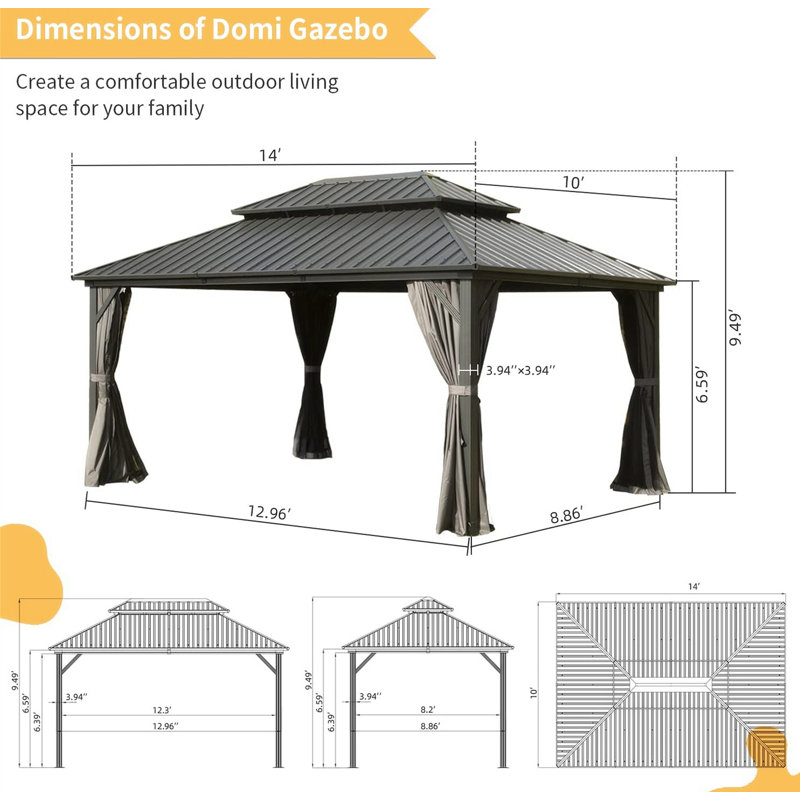 Hardtop Gazebo Outdoor Aluminum Gazebos Grill with Galvanized Steel Double Canopy, 113.97" H x 168.09" W x 120.09" D, Gray