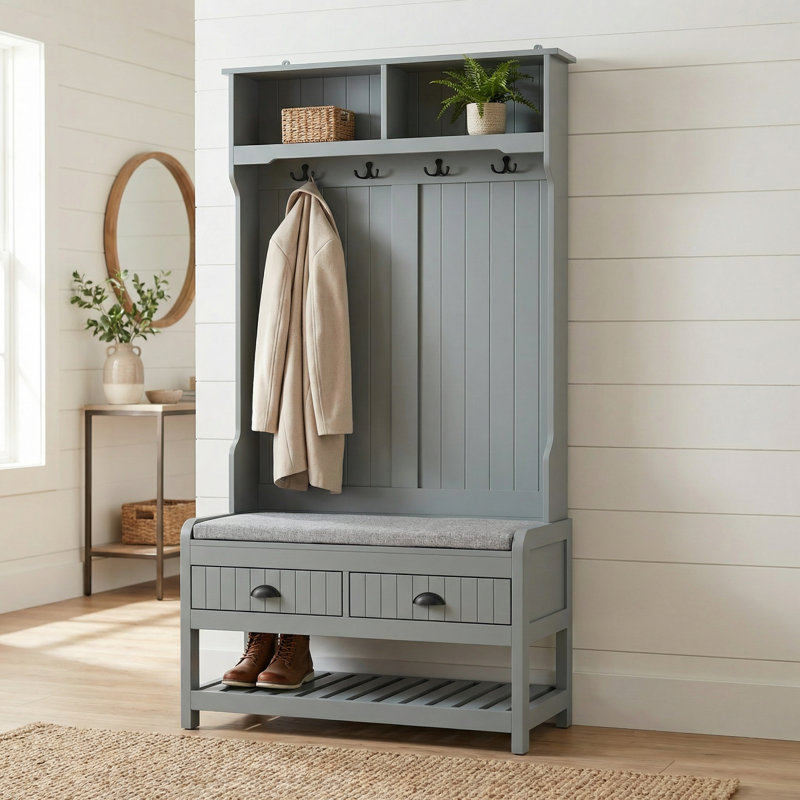 Hall Tree 34.3'' Wide with Bench and Shoe Storage, Gray