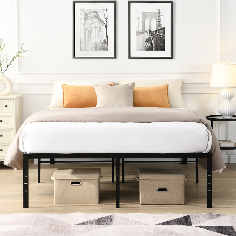 Heavy Duty Queen Size Black Metal Bed Frame, Easy Assembly, Quiet Use, 1000 - Pound Static , Strong Steel Slats For Mattress, Under Space Storage, Leg Holes Attachments Effortless Silent Functioning,