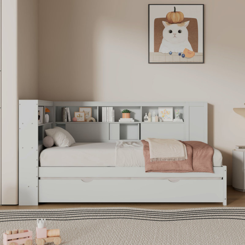 Lit de rangement en bois avec tablettes de rangement, USB et lit gigogne, Blanc