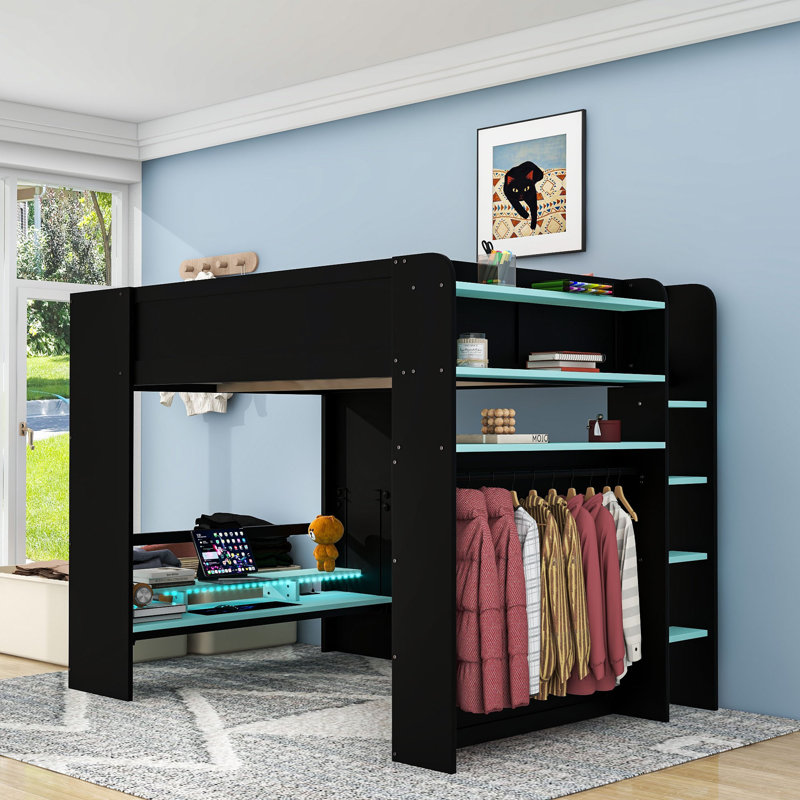 Lit mezzanine double en bois avec bande lumineuse, bureau, port USB et grand espace de rangement, Bleu